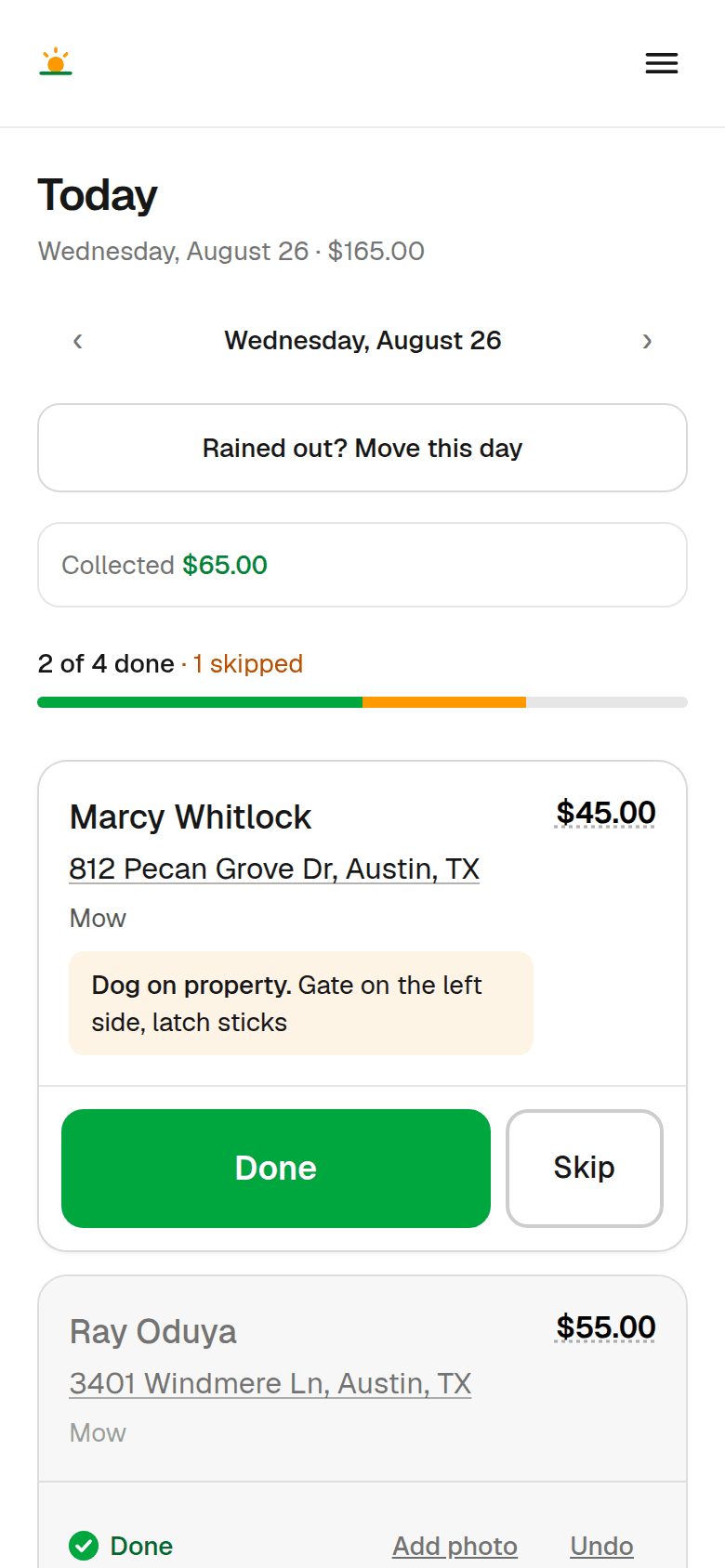 Today's route on a phone: four stops, one still to do with a large Done button and a note that there is a dog on the property, one already marked done, and a progress bar showing two of four complete.